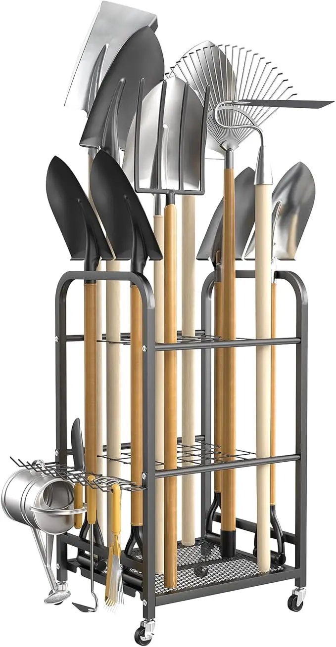 TORACK Garden Tool Organizer Stand with Wheels, Rakes Shovels Yard Tools Stand for Garage, Shed, Garden, Indoor/Outdoor Long-Handled Tools Cart by GreenHaven Gardens