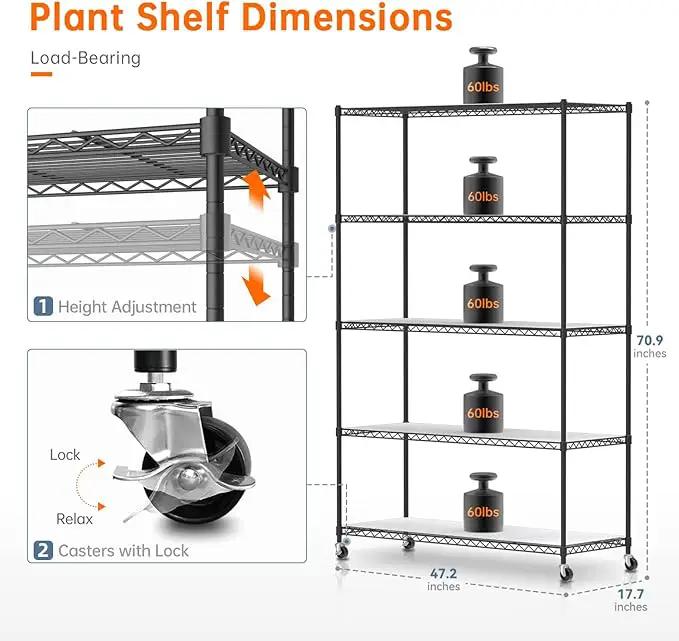 Plant Shelf with Grow Lights, 5 Tier Large Tall Plant Stand with 3FT T5 144w Grow Light for Indoor Plants, 3 Mode Full Spectrum LED Plant Light with wheel and Timer for Seedling, 47.2x17.8x71IN by GreenHaven Gardens