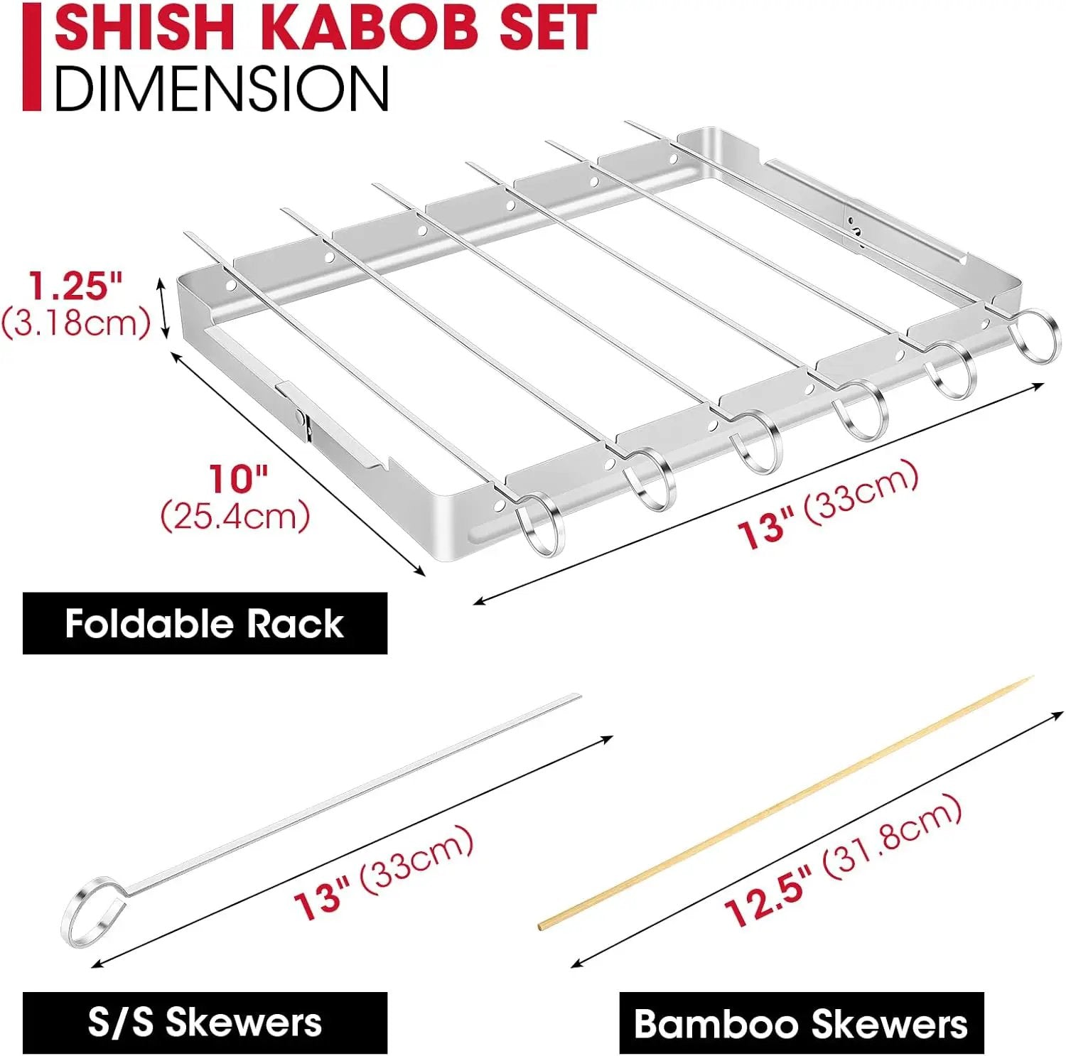 Unicook Stainless Steel BBQ Shish Kabob Set, Foldable Shish Kabob Holder with 6pcs 13"L Skewers, Reusable Grill Rack, Comes with 30pcs 12.5"L Bamboo Skewers for Party and Cookout by GreenHaven Gardens