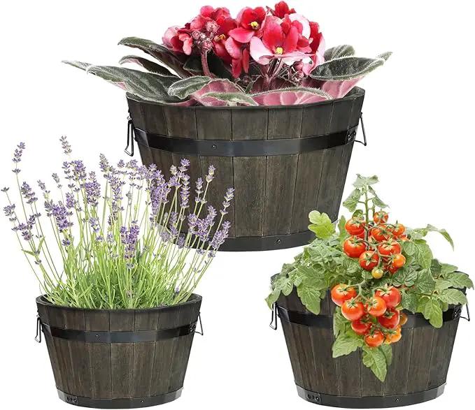 IDZO Set of 3 Wooden Flower Planters for Outdoor Plants, Acacia Wood Barrel Planters, Ergonomic Handles, Drainage Holes, Various Sizes, Black by GreenHaven Gardens