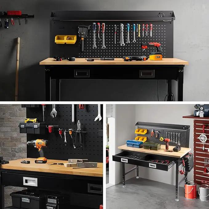 60" Workbench with Drawers, Work Benches for Garage with Strip Light, Adjustable Work Table with Large Pegboard, 2000 LBS Heavy Duty Table with Power Outlet Rubber Wood for Garage, Office by GreenHaven Gardens