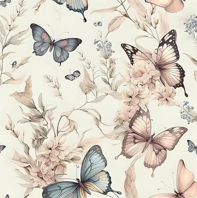 Wonderland Boho Butterfly Flowers Peel and Stick Wallpaper Self Adhesive Removable Easy Peel Off Stick on Wall Paper for Bedroom Cabinet Renter Friendly by GreenHaven Gardens