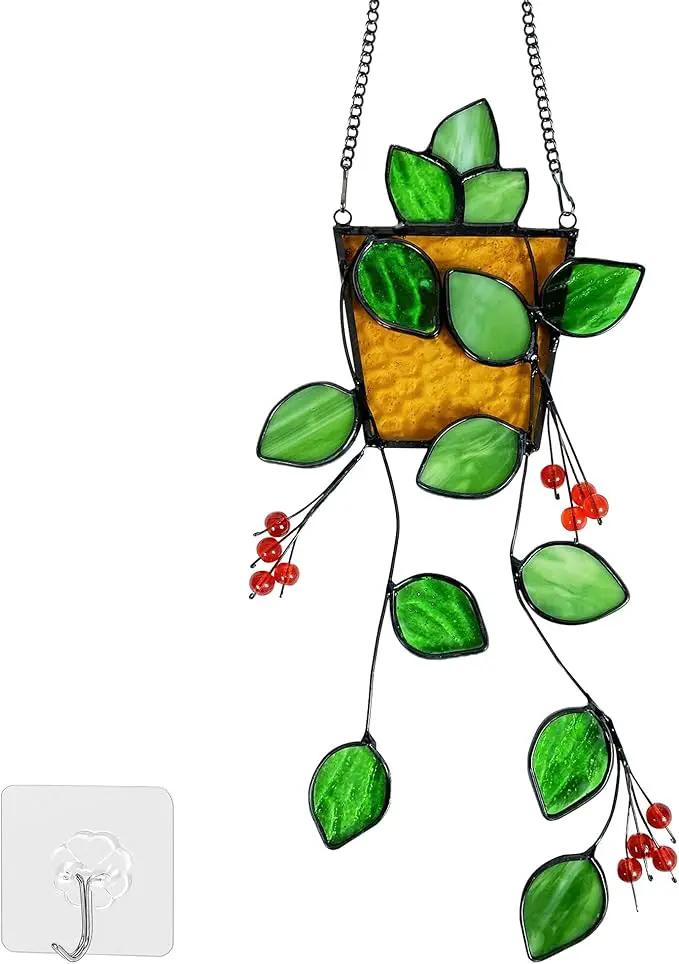 Royxen Stained Glass Window Hanging, Sun Catcher, Suncatchers for Windows Hanging, Green Plants with Yellow Pot by GreenHaven Gardens