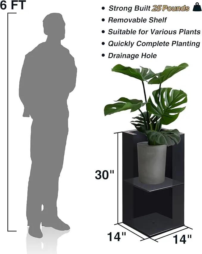 Metallic Heavy Planter for Outdoor Plants, 14Lx14Wx30H Inches, Tall Metal Planter Box with Hand Brushed Gold Edge for Outside & Indoor, 25 Pounds, No Assembly and Seamless, Set of 2 (Black) by GreenHaven Gardens