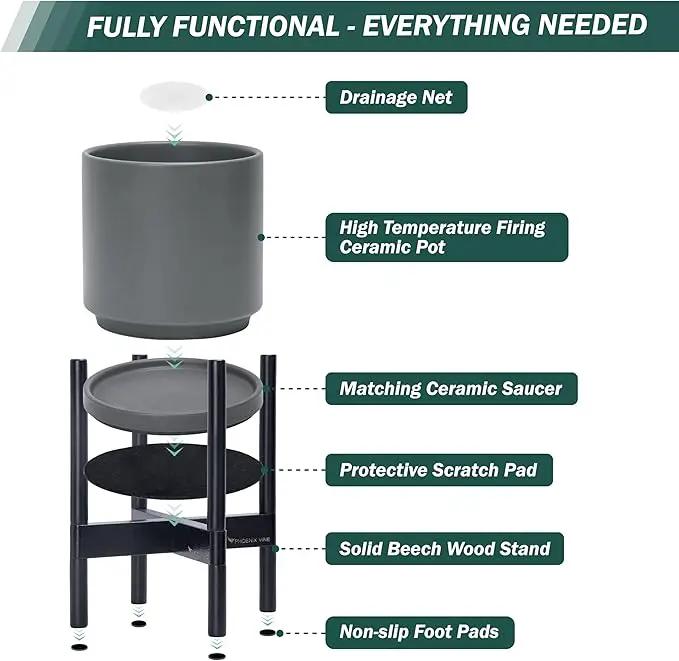 D'vine Dev Ceramic Planter with Ebony Stand - 12 Inch Modern Round Flower Pot with Wood Planter Holder, Grey, 55-B-H-3