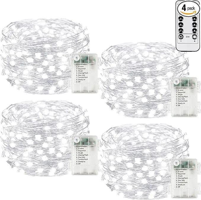 4Pack 80Ft 240LED Fairy Lights Battery Operated with Remote, Waterproof String Lights with Timer for Indoor & Outdoor, Twinkle Lights Battery Powered for Bedroom Christmas Decorations (Cool White) by GreenHaven Gardens