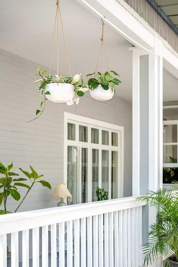 Mkono Ceramic Hanging Planter of Shallow 8 Inch and Deep 6 Inch for Indoor Outdoor Plants, Set of 2 Modern Plant Pot Geometric Porcelain Hanging Basket with Polyester Rope Hanger by GreenHaven Gardens