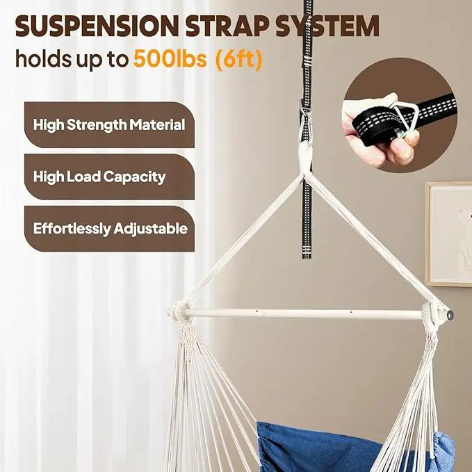 Chihee Hammock Chair Hanging Chair with Foot Rest 2 Cushions Max 500lbs Robust Metal Spreader Bar Collapsible Easy Storage Soft Cotton Swing Chair Strong Strap Iron Carabiner Side Pocket Included by GreenHaven Gardens