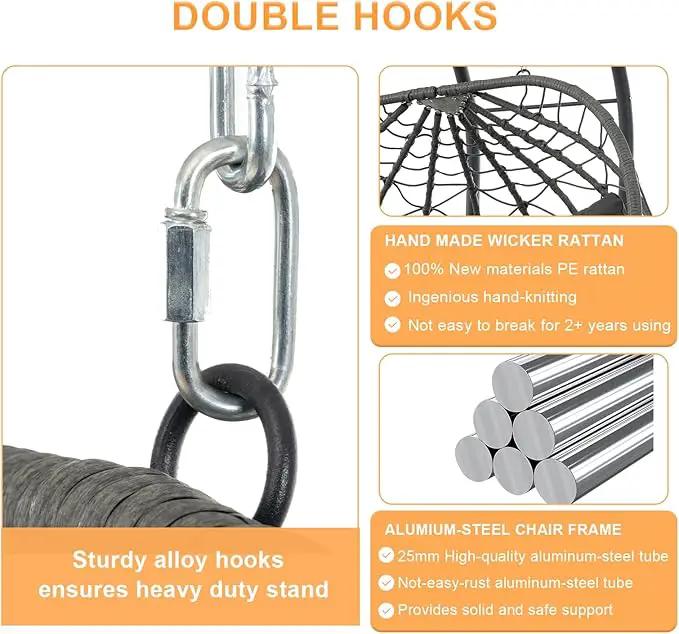 Double Egg Swing Chair with Stand, 2 Person Outdoor Indoor Hammock Hanging Chair with Cushion,Patio Wicker Hanging Egg Chair w/Cushion 700LBS Capacity for Bedroom, Balcony, Garden by GreenHaven Gardens