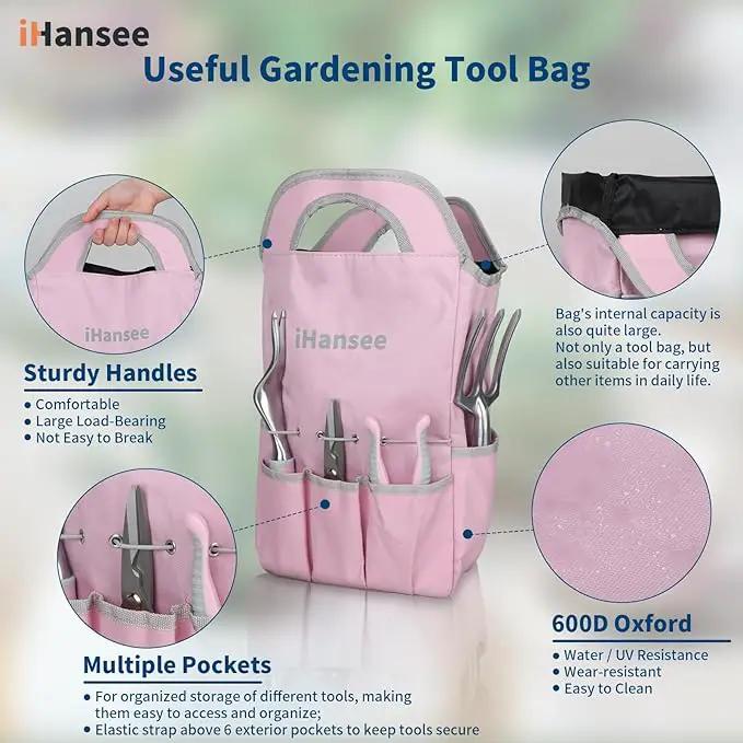 Pink Garden Tool Sets 12 Pieces, iHansee Aluminum Gardening Hand Tools with Non-Slip Handle, Kneeling Pad, Apron, Gloves and Organizer Bag, Landscaping Tools - Gift for Women & Garden Enthusiasts by GreenHaven Gardens