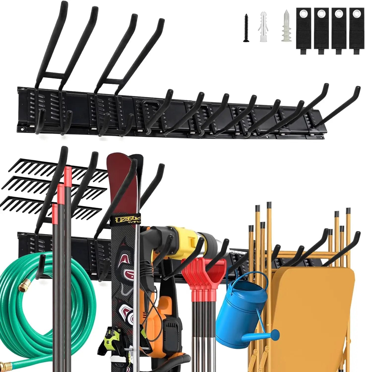 Wall Mount Garden Tool Organizer - 48 Inch Max Load 539lbs, Garage Storage with 7 Heavy Duty Hooks and 4 Cable Ties, Power Tool Organizer Rack by GreenHaven Gardens