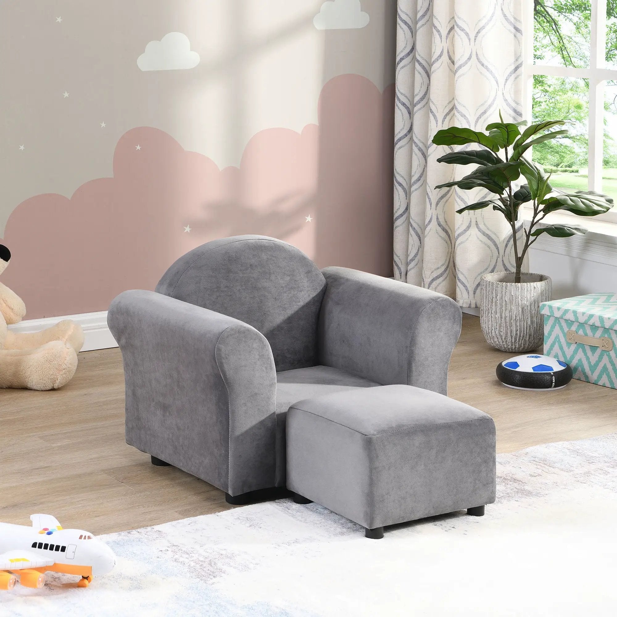 Kids Recliner Chair, Kids Upholstered Couch With Ottoman - Gray by Unique Piece Furniture