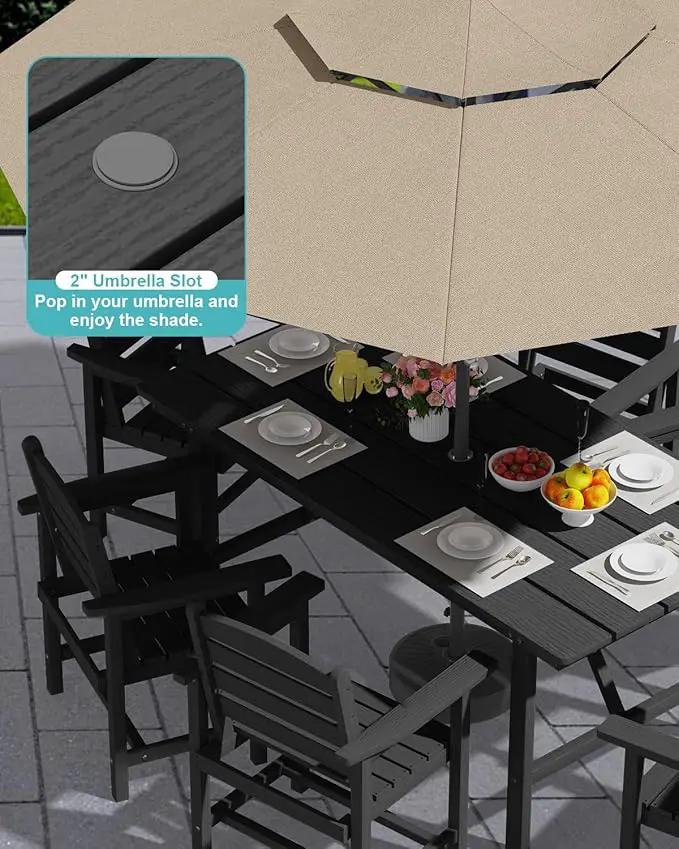 Patio Dining Set for 6 with Umbrella Hole - 66" Outdoor Table & 6 Chairs, All-Weather HDPE Outdoor Furniture for Lawn, Garden, Backyard, Poolside, Black by GreenHaven Gardens