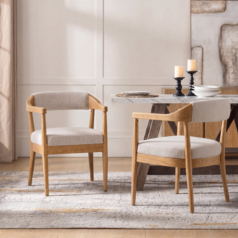 Wood Frame Upholstered Dining Chairs with Armrests (Set of 2) - Beige + Natural by HouseOfZazla