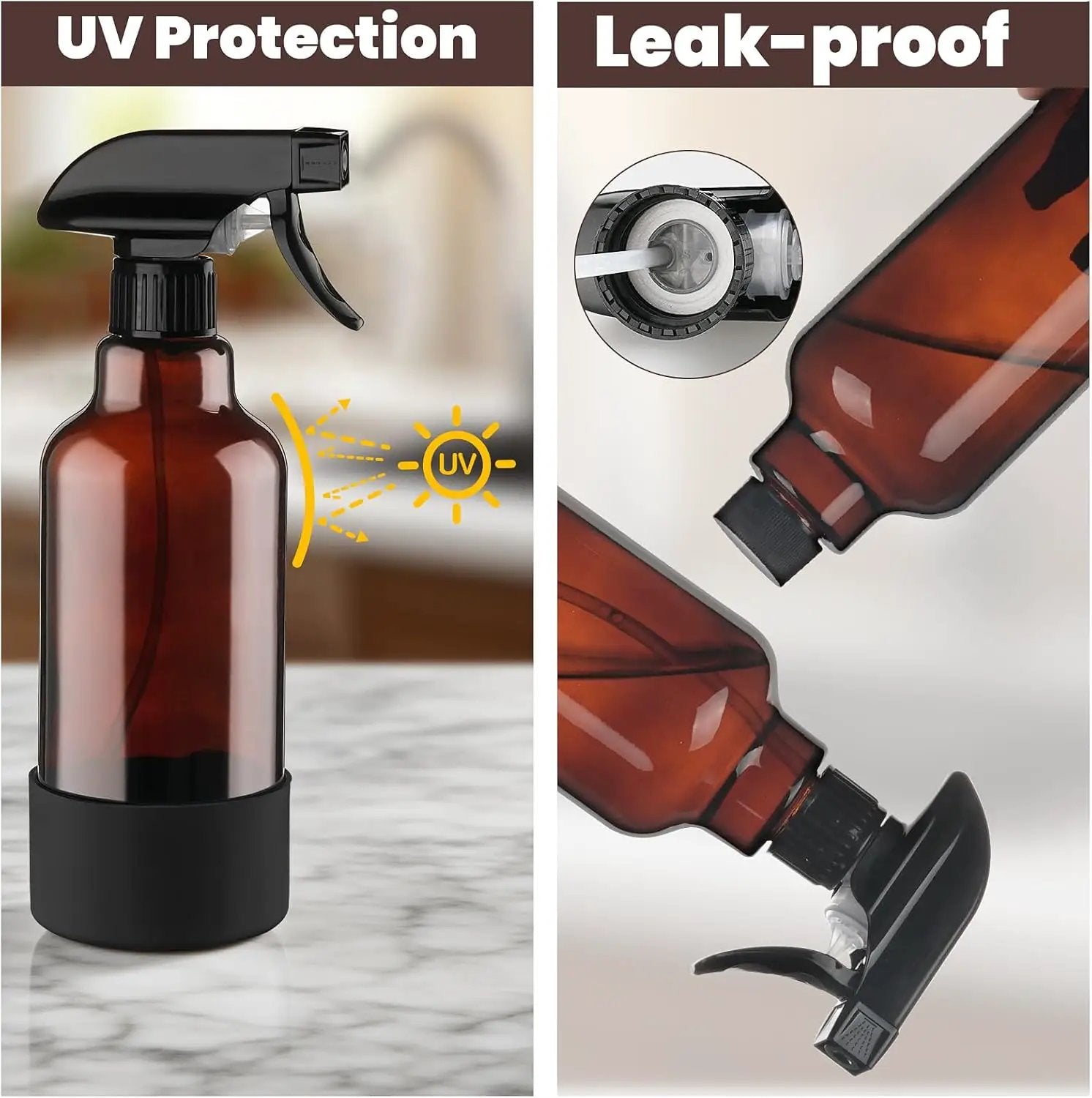 Glass Amber Spray Bottles with Silicone Sleeve, 2 Pack 16.9oz Refillable Containers with Adjustable Spray Nozzles, Empty Spray Bottle for Cleaning Solutions, Hair, Plants, Essential Oils (Black+Grey) by GreenHaven Gardens