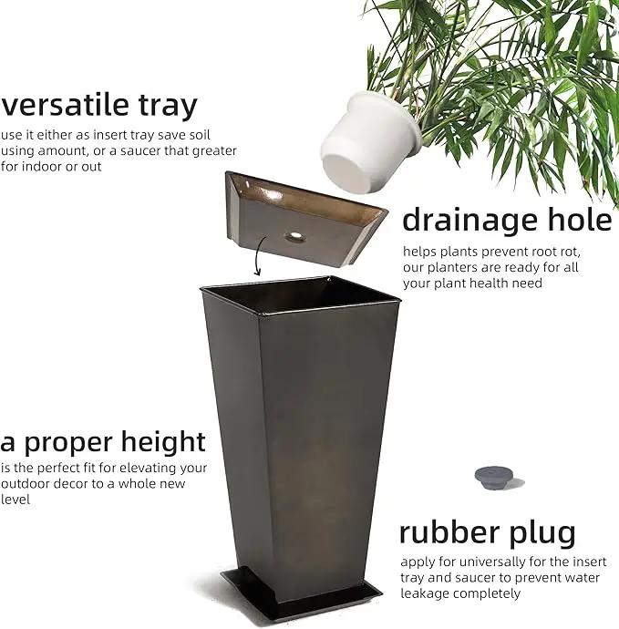 KOL 25'' & 28'' Tall Glazed Planter with Saucer, Set of 2, Galvanized Steel Planter Metal Pots for Indoor & Outdoor Use, Decorative Flower Plant Pots with Drainage Hole for Porch, Patio, Deck - Black by GreenHaven Gardens
