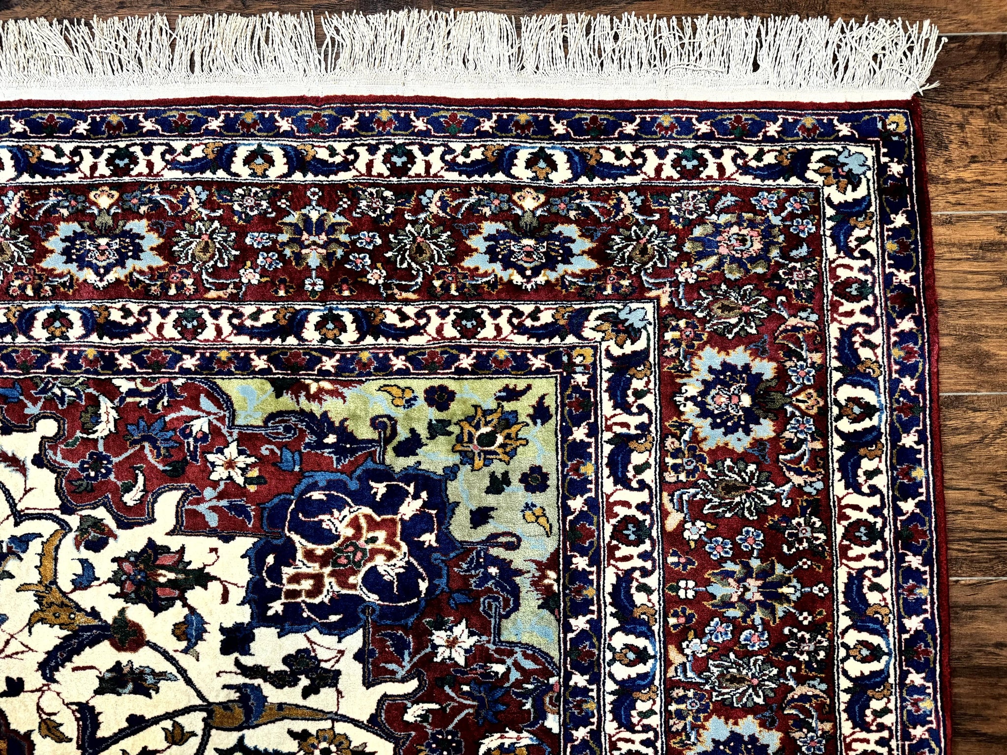 Wonderful Persian Isfahan Rug 7x9, Ivory Navy Blue Red, Floral Medallion, Very Finely Hand Knotted 260 KPSI, Handmade Wool Vintage Rug by Jewel Rugs