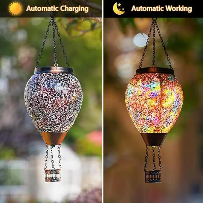DREAMSOUL Mosaic Hot Air Balloon Solar Lantern with LED Light, Hanging Glass Solar Lanterns Outdoor Waterproof for Garden Patio Porch Decor by GreenHaven Gardens