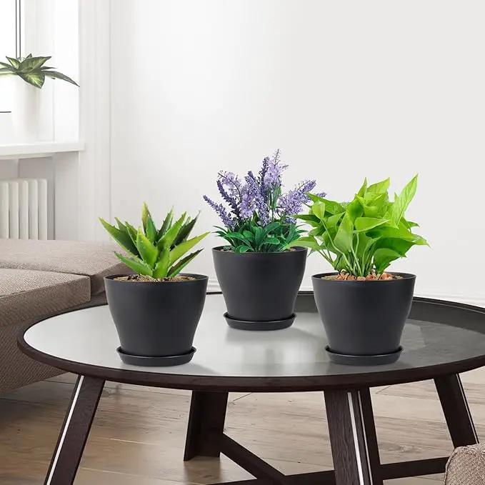 6 inch Plastic Nursery Pots, 16 Pack Plant Pots for Small Indoor Outdoor Plants, Flower Pots with Drainage Holes and Saucers, Decorative Seedling Starter Planters for House Plants, Black by GreenHaven Gardens
