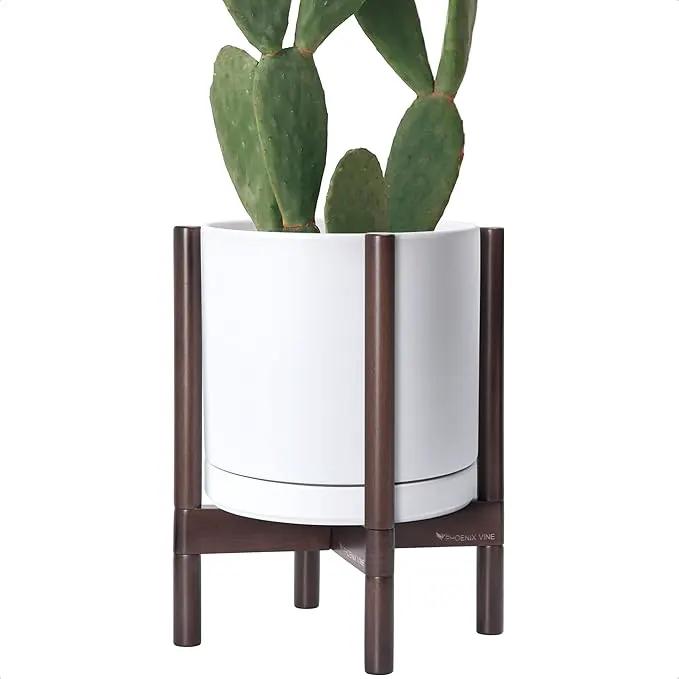 D'vine Dev Ceramic Planter with Walnut Color Stand - 12 Inch Modern Round Flower Pot with Wood Planter Holder, White, 55-B-W-1 by GreenHaven Gardens