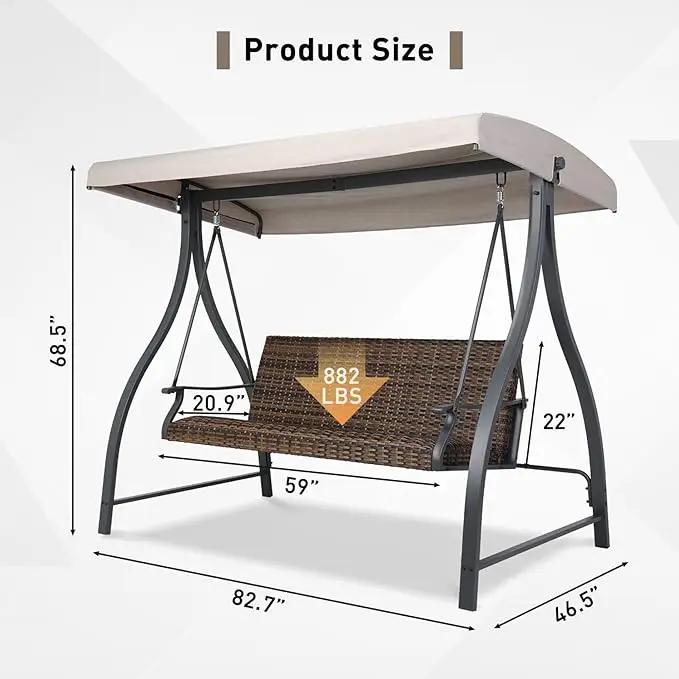 BPS 3 Seat Outdoor Porch Swing with Adjustable Canopy, PE Wicker Patio Swing Chair with Quick-Drying Foam Seat, 882 LBS Capacity, Proch Swings for Deck, Backyard, and Lawn, Khaki by GreenHaven Gardens