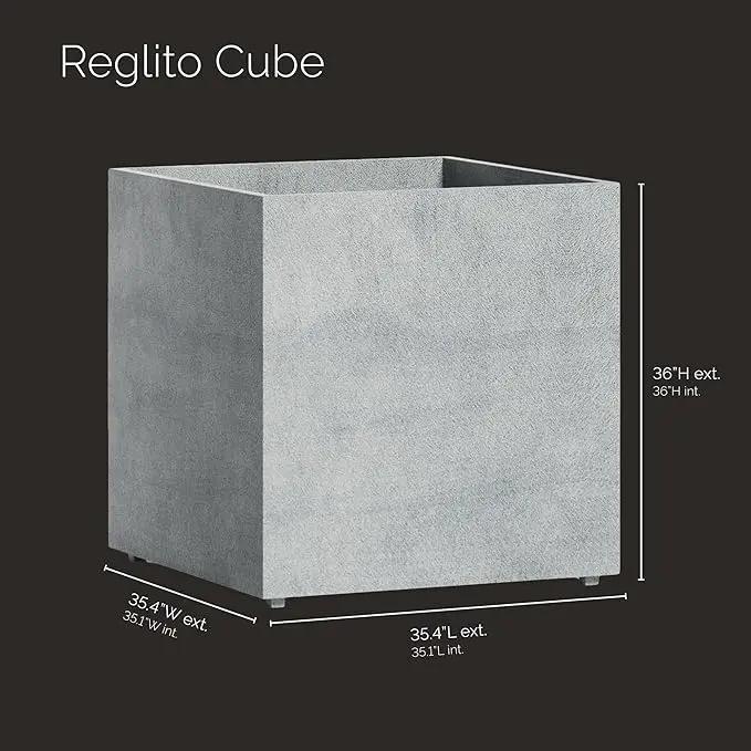 Reglito Cube Planter – Fiberglass Indoor/Outdoor and Weather-Resistant Large Planter (Concrete Stone, 35.4" L x 35.4" W x 36" H) by GreenHaven Gardens