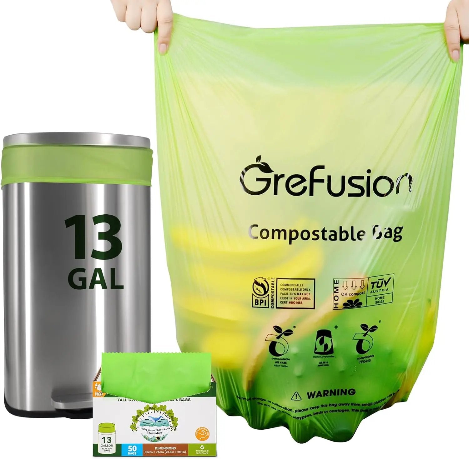 Compostable Bags,Trash bags 13+ gallon tall kitchen, Compostable Trash Lawn & Leaf Yard Waste Bags,Kitchen Compost Trash Bin Compatible,Extra Thick1.01 Mills,Certified by BPI and OK Compost(50count) by GreenHaven Gardens