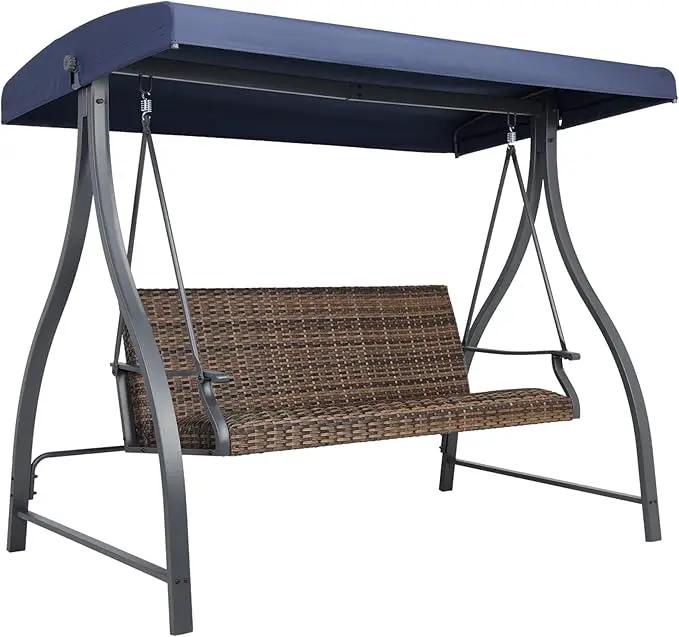 BPS 3 Seat Outdoor Porch Swing with Adjustable Canopy, PE Wicker Patio Swing Chair with Quick-Drying Foam Seat, 882 LBS Capacity, Proch Swings for Deck, Backyard, and Lawn, Dark Blue by GreenHaven Gardens