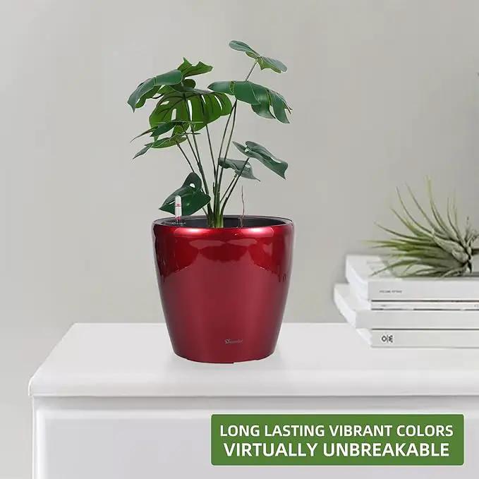 Dexceder 11x10 Inches High Gloss Self Watering Planter Indoor Outdoor, Inner Pot Design, Thickened Table Flower Plant Pot with Water Level Indicator (Red) by GreenHaven Gardens