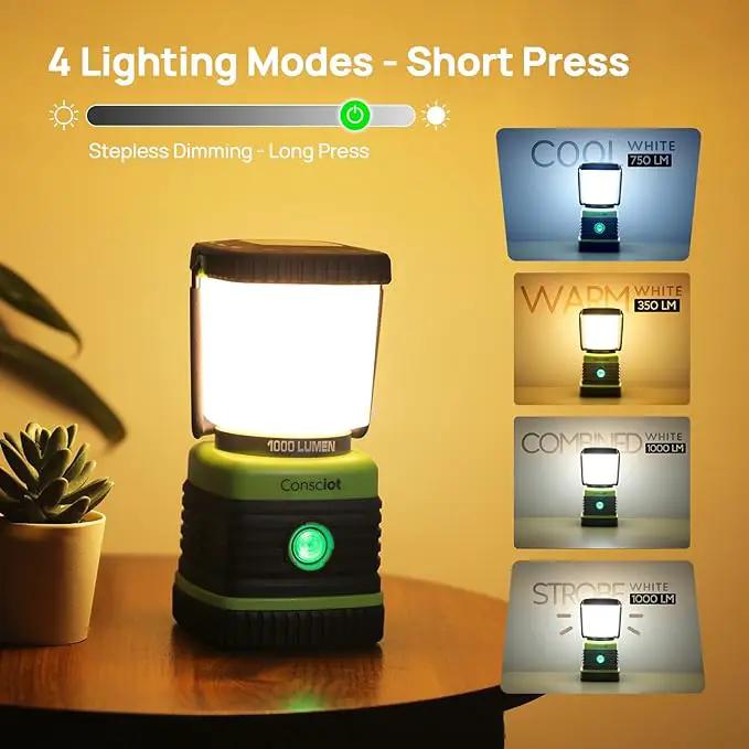 LED Camping Lantern, Consciot Battery Powered Camping Lights, 1000LM, 4 Light Modes, IPX4 Waterproof Tent Lights, Portable Flashlight for Power Outages, Emergency, Hurricane, Hiking, 2-Pack by GreenHaven Gardens