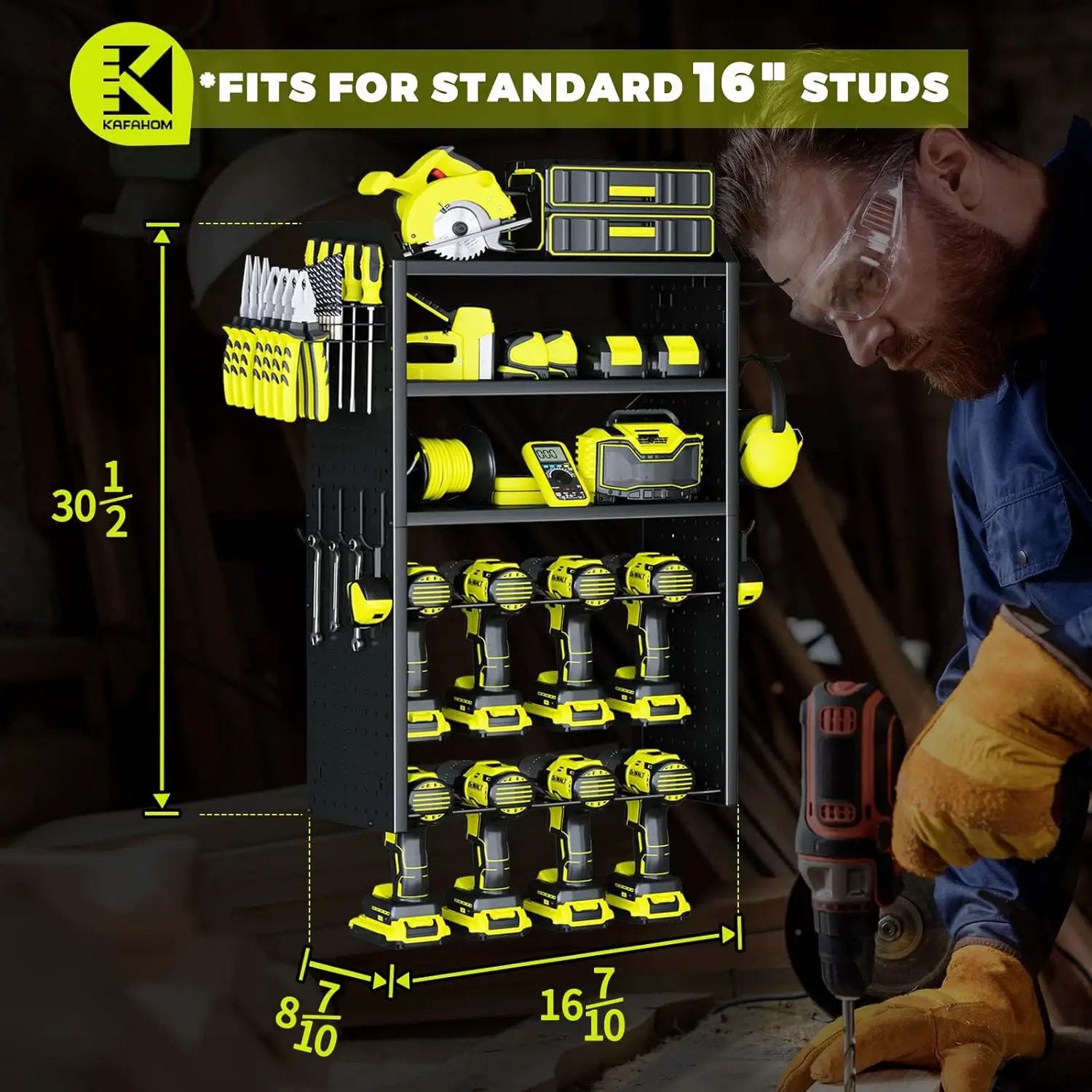 KAFAHOM Power Tool Organizer,Large 8 Drill Holder Wall Mount with 2 Side Pegboards,5 Layer Metal Tool Storage Rack with 12 Hooks,Tool Shelf for Garage Organization,Utility Battery Shelves - Black by GreenHaven Gardens