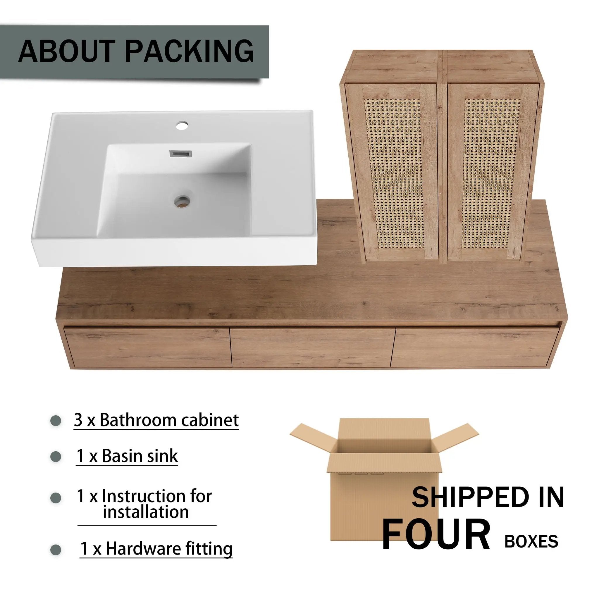 Modern Wall Mounted Bathroom Vanity With Resin Sink And 2 Side Cabinet, Imitative, Construction - Imitative Oak by HouseOfZazla