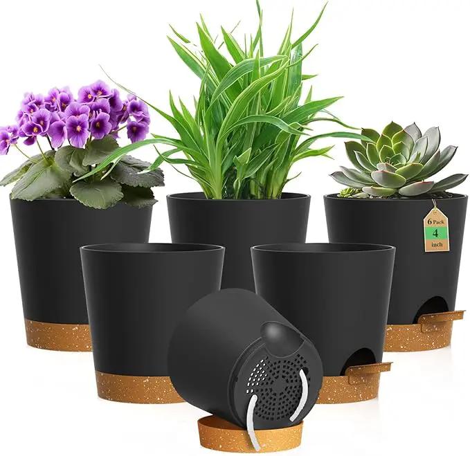 4 inch Self Watering Pots for Indoor Outdoor Plants, 6 Pack Plastic Flower Planters with Drainage Holes and Removable Saucers, Plant Pots with Wicking Rope, Modern Decor, Black Brown by GreenHaven Gardens