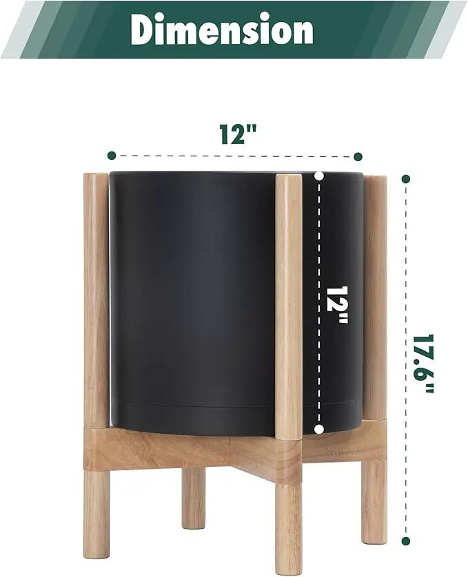 D'vine Dev Planter Pot with Stand - 12 Inch Plastic Cylinder Flower Pot with Wood Planter Holder for Indoor, Matte Black Pot + Natural Stand, 55-C-P-2 by GreenHaven Gardens