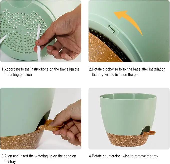 Large Self Watering Pots, 12/10/9 Plastic Planters with High Drainage Holes and Deep Reservoir for Indoor Outdoor Garden Plants and Flowers, Green with Brown by GreenHaven Gardens