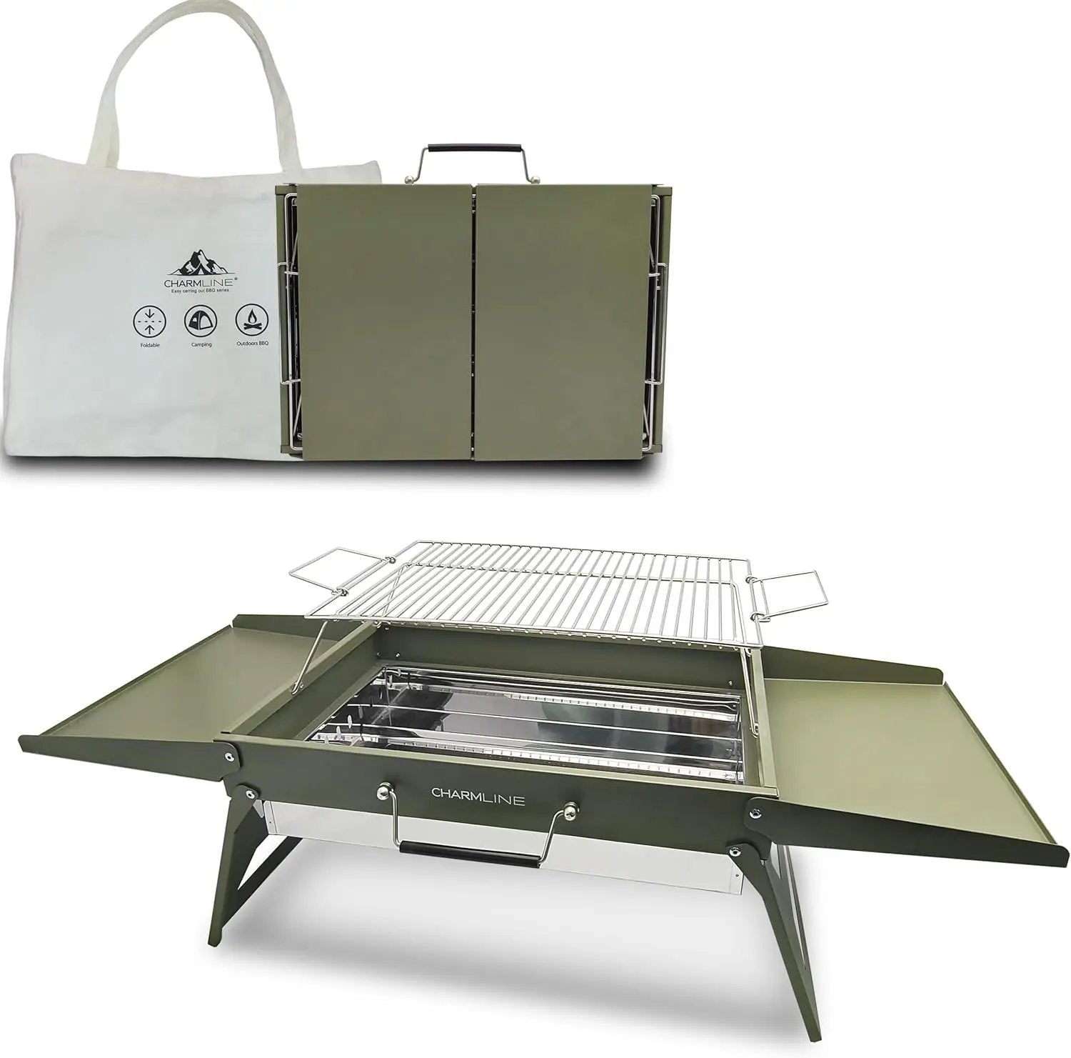 Charmline 20x14inch Big Desktop Charcoal Grill, Liftable Grilling Net, Saving Space Grill for Indoor and Outdoor, BBQ Grill for Camping, Gardens, Picnics, Beach Parties, Green, Max by GreenHaven Gardens