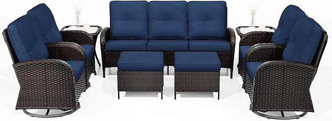 Joyside 9 Piece Patio Furniture Set, Outdoor Wicker Conversation Sets with Swivel Rocker Chairs and Sofa, Thick Cushion, Rattan Patio Sectional for Porch, Deck Use (Brown/Blue, 9 PCS) by GreenHaven Gardens