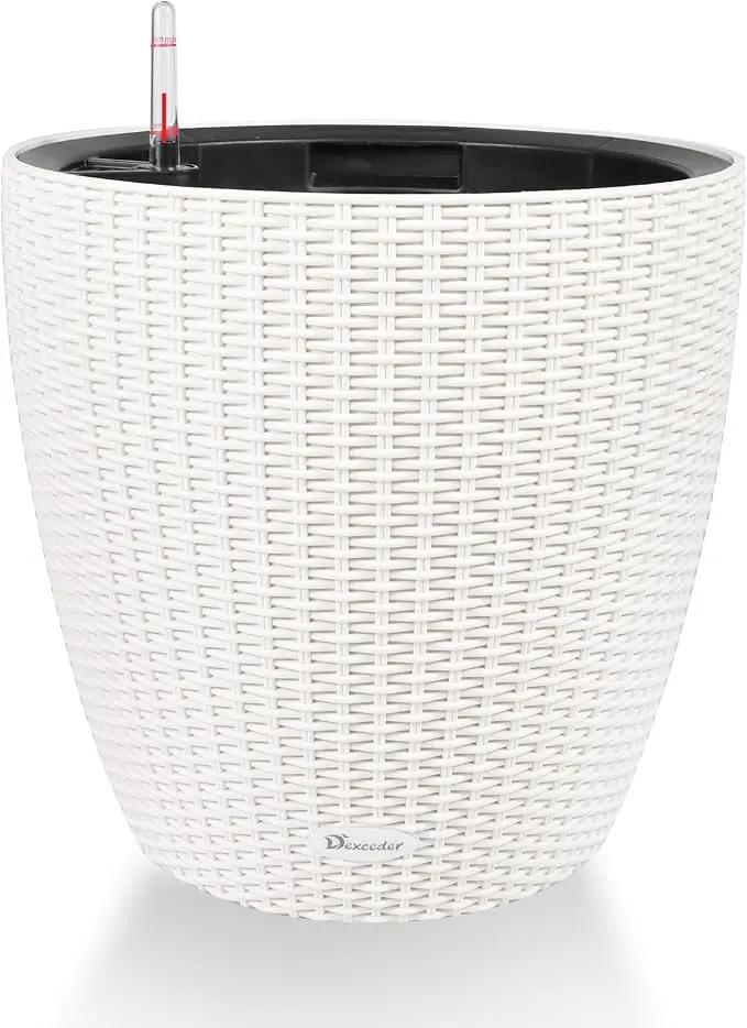 Dexceder 18x17 Inches Rattan Self Watering Planter Indoor Outdoor, Inner Pot Design, Thickened Table Flower Plant Pot with Water Level Indicator (Ivory White) by GreenHaven Gardens