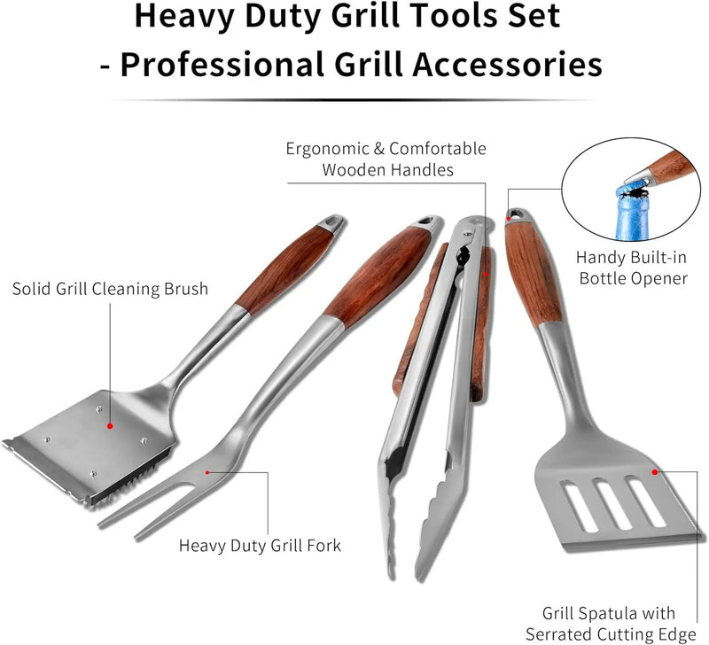 FJNATINH Heavy-Duty Grilling Accessories Rose Wooden BBQ Grilling Tools Set,Outdoor Grill Set with Spatula, Fork, Brush & Tongs,Essential Accessories for Barbecue & Grill. Ideal Gift for Men by GreenHaven Gardens