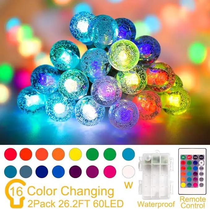 Coloured Globe String Lights Battery Operated，2 Pack 26.2FT 60 LED 16 Colour Changing Water Proof Crystal Ball Outdoor String Lights with Remote Control for Home, Patio,Party, Christmas, Garden Decor by GreenHaven Gardens
