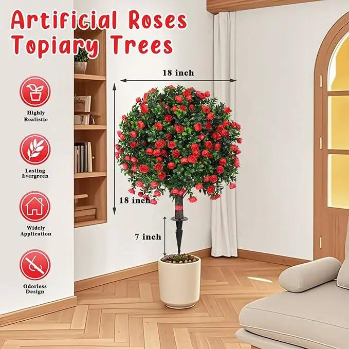 Artificial Boxwood Topiary Tree with Rose, Set of 2 Artificial Shrub Bushes with Ground Spike, Fake Evergreen Tree for Porch, Artificial Plants for Outdoor Planters Indoor UV Resistant by GreenHaven Gardens