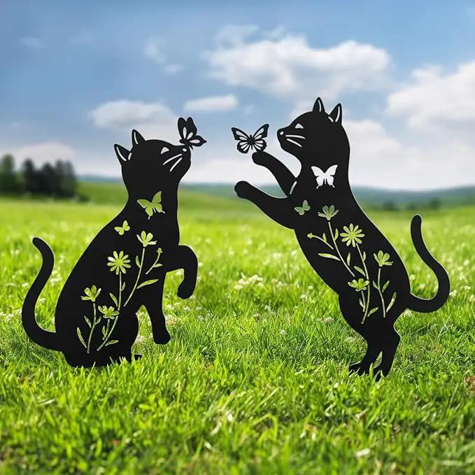 Metal Cat Garden Decor for Outside,Set of 2 Black Cat Silhouette Garden Stakes,Cat Yard Decor Outdoor by GreenHaven Gardens