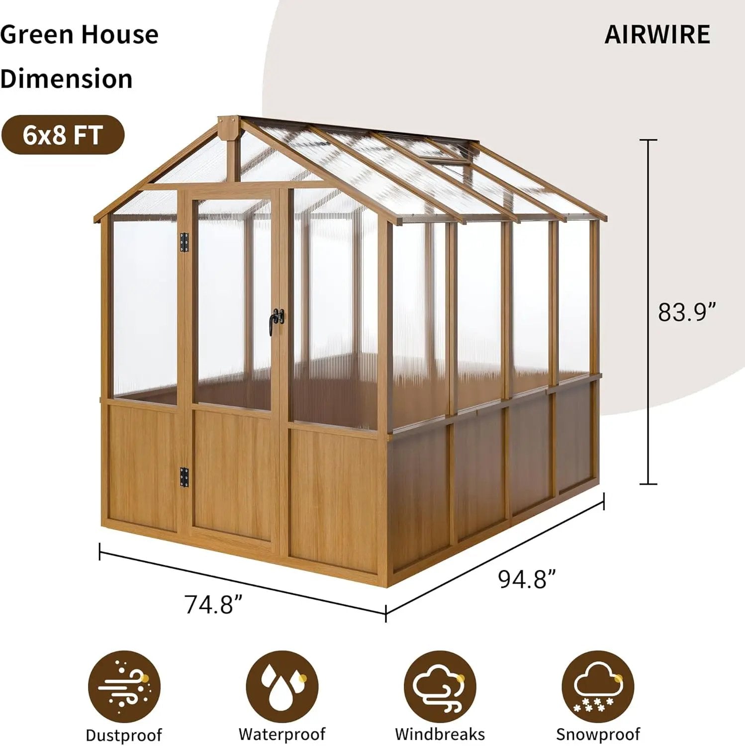 6x8 FT Greenhouse, Wooden Walk-in Greenhouse for Outdoors with 6MM Thick Polycarbonate Panel and Adjustable Roof Vents, Garden Backyard, Patio, Lawn, Wood Colour by GreenHaven Gardens