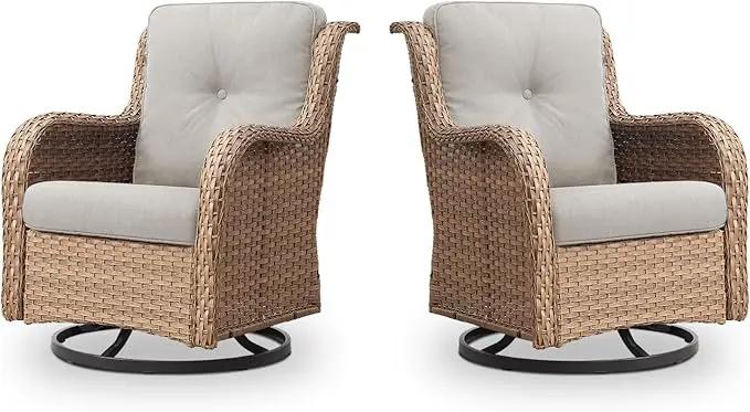 Outdoor Swivel Rocker Patio Chairs - 360 Degree Swivel Glider Seating 350LBS Weight Capacity Wicker Rocking Chairs Set of 2 with Removable Cushion for Porch Balcony Deck, Yellow/Beige by GreenHaven Gardens