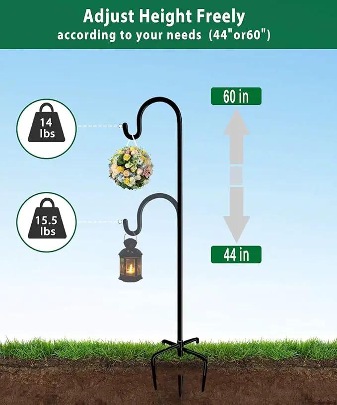 Artibear Adjustable Outdoor Shepherd Hook Stand with 5 Prong Base, 60 Inches Tall 3/5 in Thick, Shiny Black (1 Packs) by GreenHaven Gardens