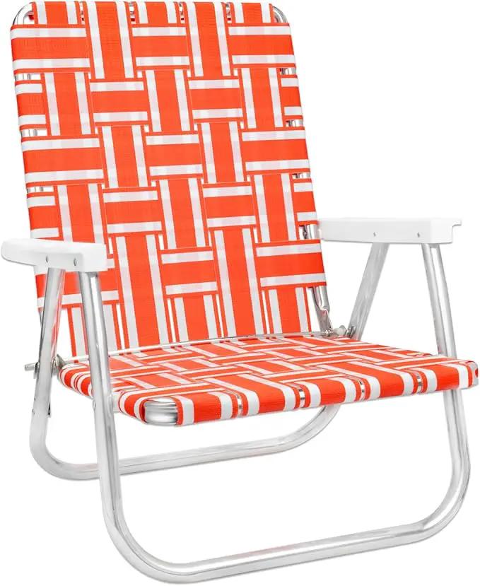 Lawn Chair USA Folding Aluminum Outdoor Patio Lawn Chair | Heavy-Duty Webbed Chairs for Camping, Sports, Beach Yard & Tailgating | Lightweight Portable | High Back Beach Chair- Orange & White Stripe by GreenHaven Gardens