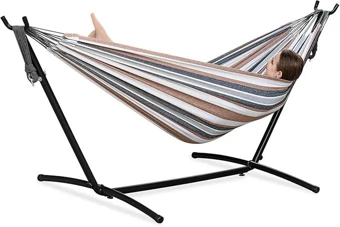 PNAEUT Double Hammocks with Stand for Outside, Portable Space Saving Heavy-Duty Steel Stand for Indoor Outdoor Patio with Carrying Bag, 450 lbs Capacity (Coffee) by GreenHaven Gardens