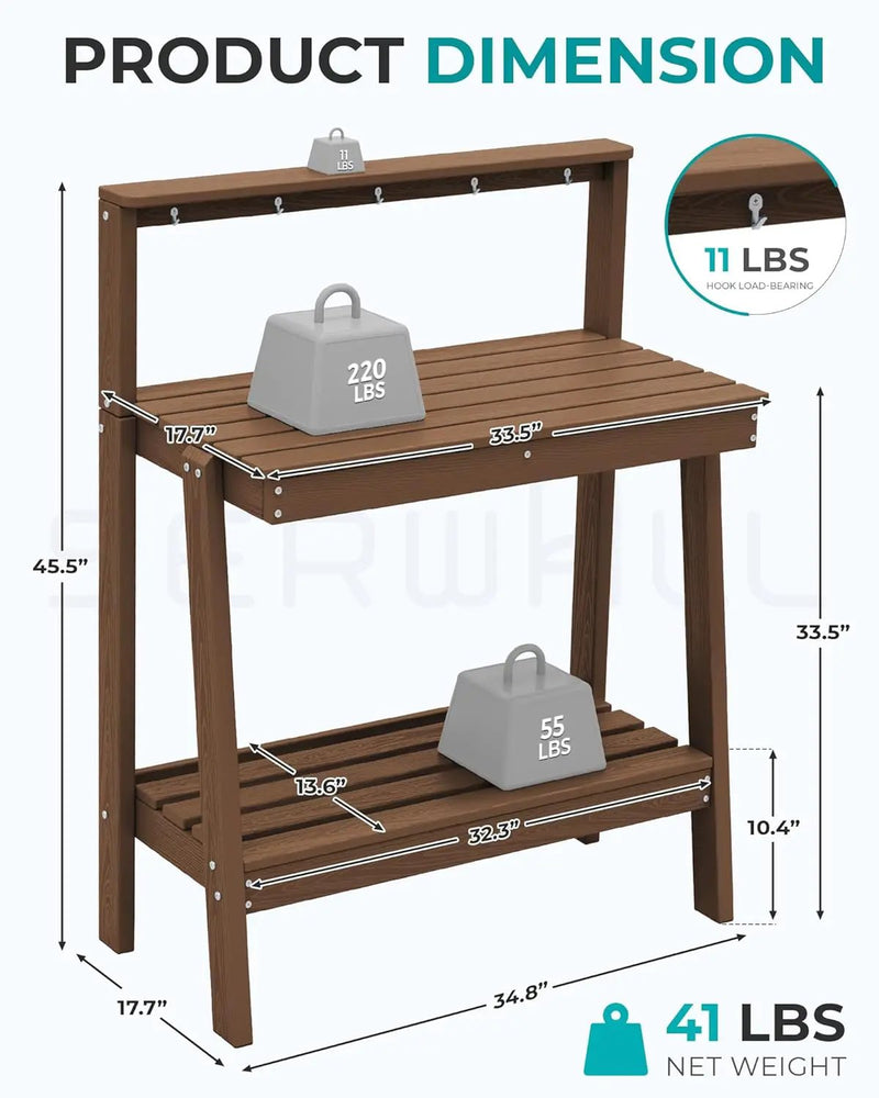 SERWALL Potting Bench Outdoor with Storage Set of 2, 3-Tier HDPE Gardening Table with Angled Legs & Tool Hooks, All-Weather Heavy Duty Potting Table for Patio, Backyard, Garden, Brown by GreenHaven Gardens