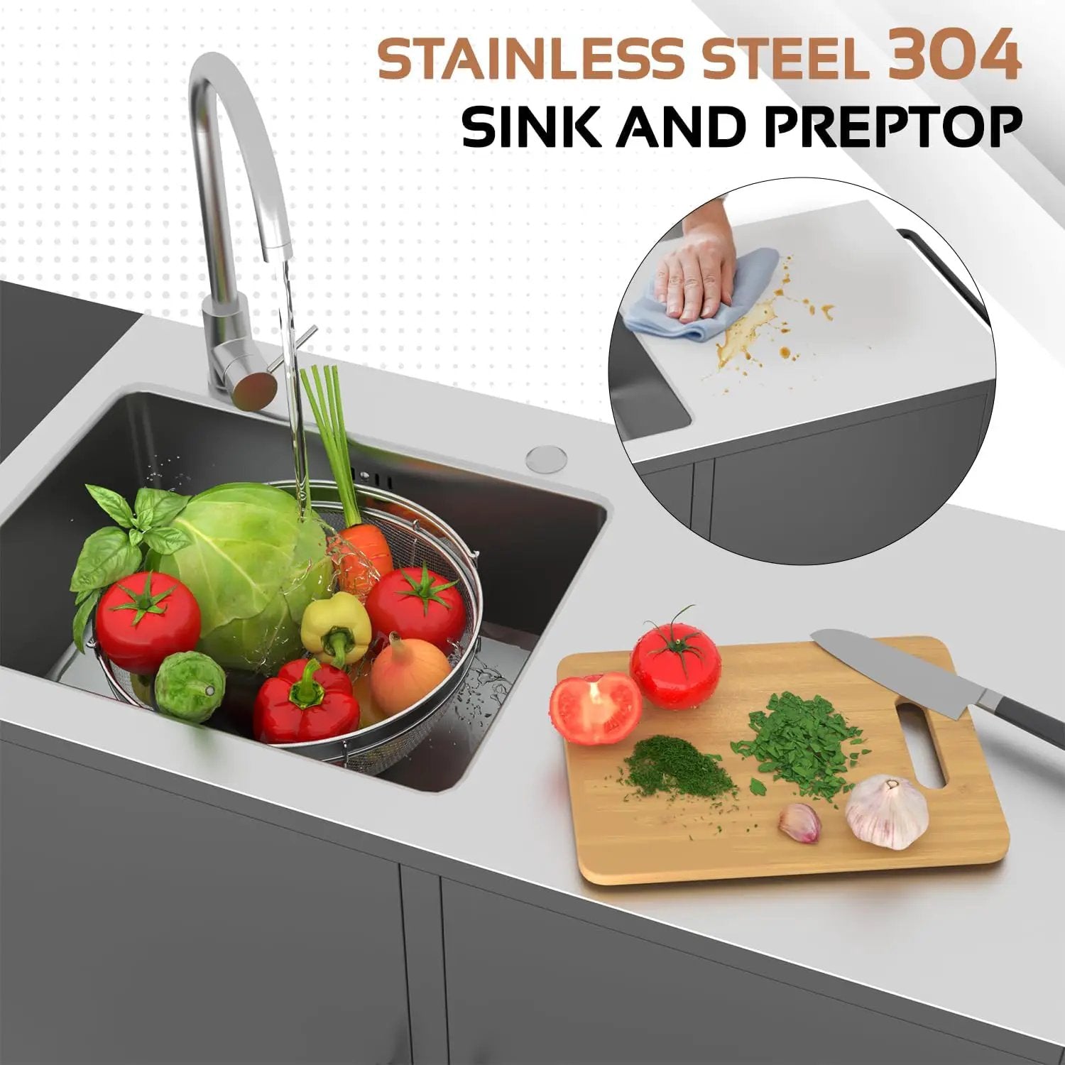 Outdoor Kitchen Sink with Hose Hook up, Stainless Steel Worktable Kitchen Cabinet Island, Grill Prep Table Work Station, Grill Cart for Garden, Backyard and Lawn by GreenHaven Gardens