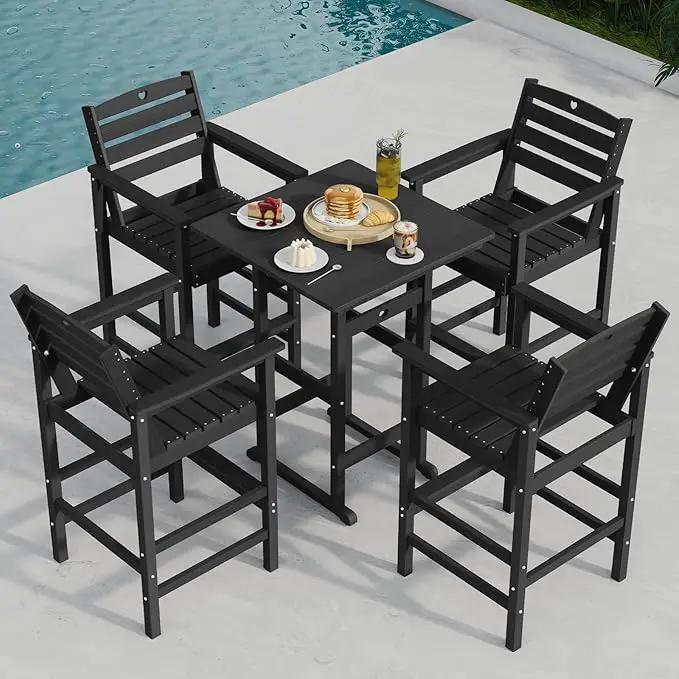5-Piece Bar Height Outdoor Table and Chairs Set, HDPE Wood Grain Patio Bar Table and Chairs with Heart Cutout Design, Weather-Resistant Bar Height Furniture for Deck, Porch, Pool (Black) by GreenHaven Gardens